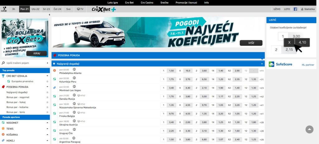 Izgled stranice Cro Bet odnosno HL kladionice