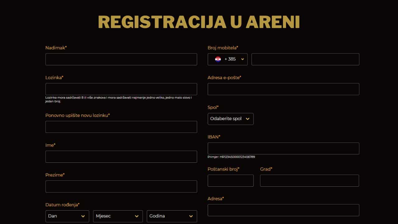 obrazac registracije u arena casinu