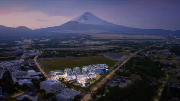 Računalno generirana slika koncepta Woven Cityja s planinom Fuji u pozadini. Izvor slike: Toyota Woven City