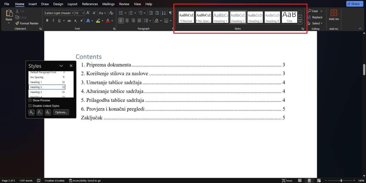 kako napraviti sadržaj u wordu nije moguće bez korištenja stilova za naslove
