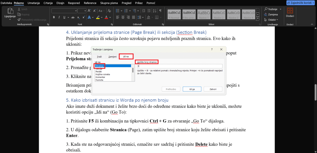 kako izbrisati stranice iz worda po njihovom broju