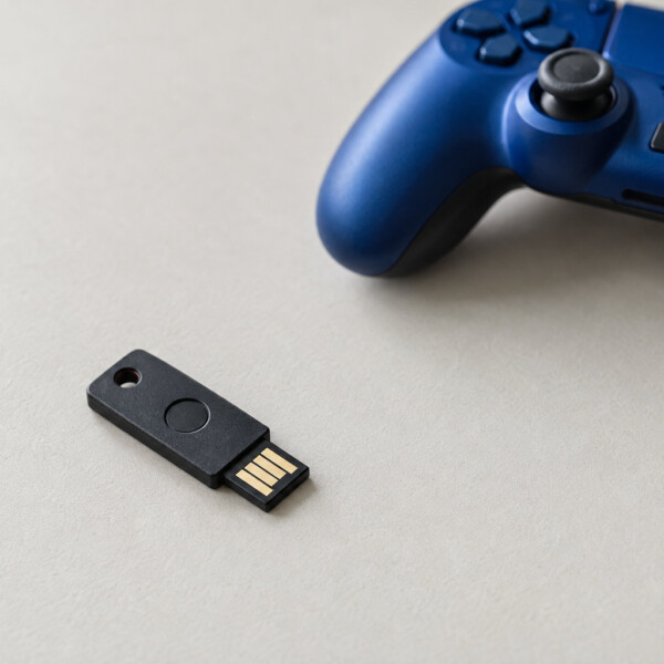 Crni USB hardverski sigurnosni ključ na sivoj podlozi ispred plavog PS4 kontrolera