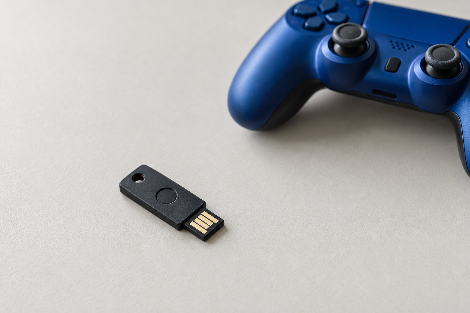 Crni USB hardverski sigurnosni ključ na sivoj podlozi ispred plavog PS4 kontrolera