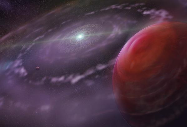 Artist’s rendering of the planetary system HR 8799 at an early stage in its evolution, showing the planet HR 8799c, as well as a disk of gas and dust, and interior planets. (Credit: Dunlap Institute for Astronomy & Astrophysics; Mediafarm)