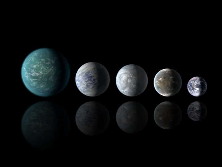Naseljivi egzoplaneti, od lijeva na desno: Kepler-22b, Kepler-69c, Kepler-62e, Kepler-62f i Zemlja