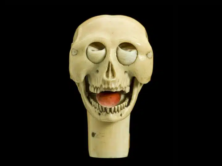 Na ovoj slici prikazana je ljudska lubanja s nekim pokretnim dijelovima. Potječe iz Europe, a datum izrade nije joj poznat. Kada se potisne cilindar na bazi lubanje, miču se oči, zubi i donja čeljust.