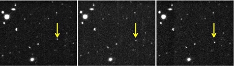 (Tri fotografije novootkrivenog patuljastog planeta 2012 VP113 snimljene u razmaku od 2 sata, 5. studenog 2012. godine. Credit: Scott S Sheppard/Carnegie Institution for Science)