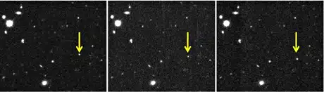 (Tri fotografije novootkrivenog patuljastog planeta 2012 VP113 snimljene u razmaku od 2 sata, 5. studenog 2012. godine. Credit: Scott S Sheppard/Carnegie Institution for Science)