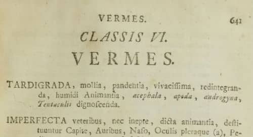 Poglavlje o crvima (Vermes) u djelu Systema naturae (izvor: BHL)