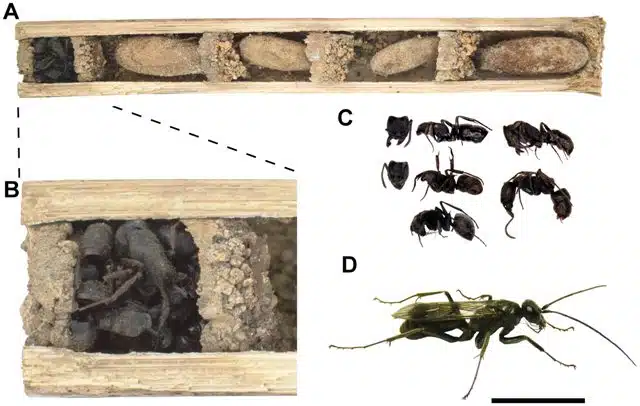 A) Poprečni presjek gnijezda vrste D. ossarium. Vidljive su pojedinačne stanice s ličinkama, razdvojene tankim stjenkama. B) Vanjska ulazna (vestibularna) stanica prepuna mrtvih mrava. C) Izolirani mravi; najčešće pronađena vrsta mrava je Pachycondyla astuta. D) Odrasla ženka ose D. ossarium.
