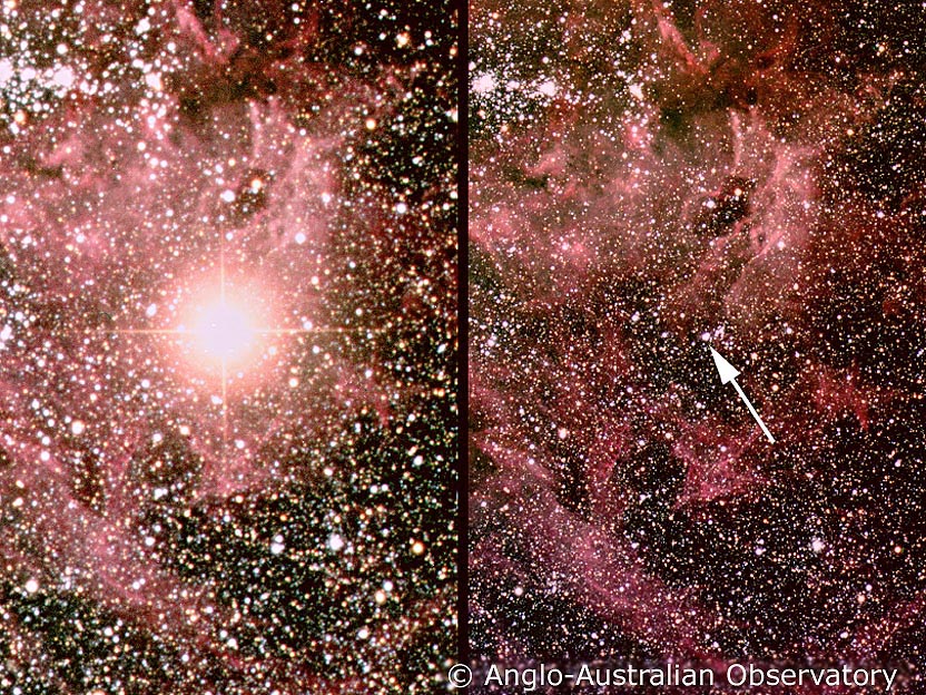 Supernova 1987A - desno je zvijezda prije eksplozije