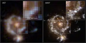 Simulacija izgleda galaksije udaljene 10 milijardi svjetlosnih godina od Zemlje, snimljene pomoću Hubblea (lijevo) u odnosu na snimku iste od strane predloženog HDST-a (desno). FOTO: HDST/AURA