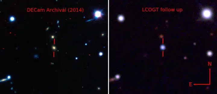 Lijevo: Fotografija matične galaksije prije eksplozije ASASSN-15lh, snimljena Dark Energy kamerom. Desno: Fotografija ASASSN-15lh nakon eksplozije, koju je zabilježila Las Cumbres Observatory Global Telescope Network. (FOTO: Dark Energy Survey / B. Shappee / ASAS-SN Team)