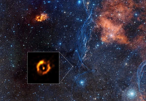 Disk prašine oko stare dvojne zvijezde IRAS 08544-4431. FOTO: ESO / Digitized Sky Survey 2 / Davide De Martin