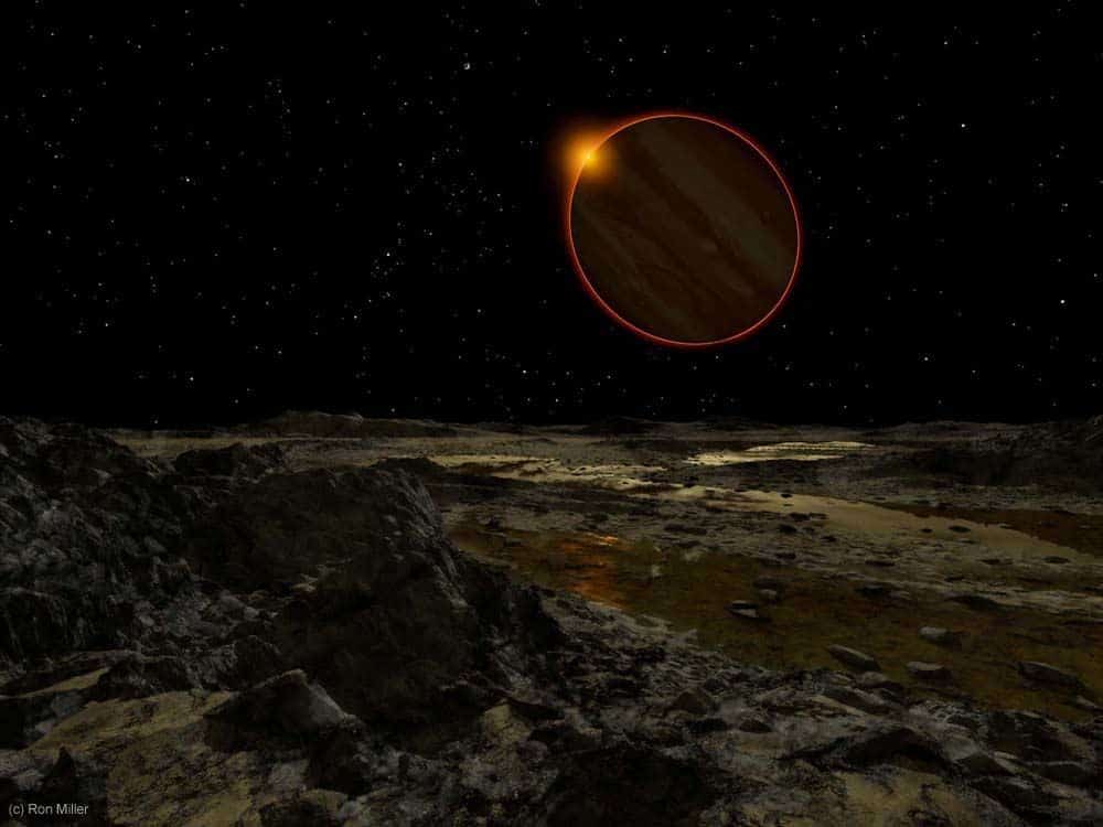 Jupiter, gledan s površine Europe, udaljen je 780 milijuna kilometara od Sunca (Credit: Ron Miller)