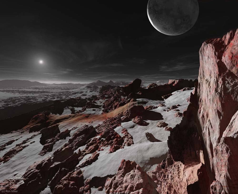 Pluton, iako administrativnom odlukom više nije dio planetarne obitelji, ovom je prilikom uzet u obzir. Njegova prosječna udaljenost od Sunca iznosi golemih 5,9 milijardi kilometara (Credit: Ron Miller)